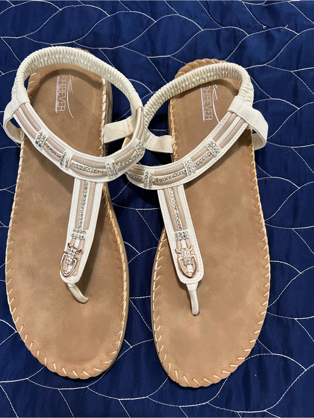 White Embellished T-Strap Women's Sandals
